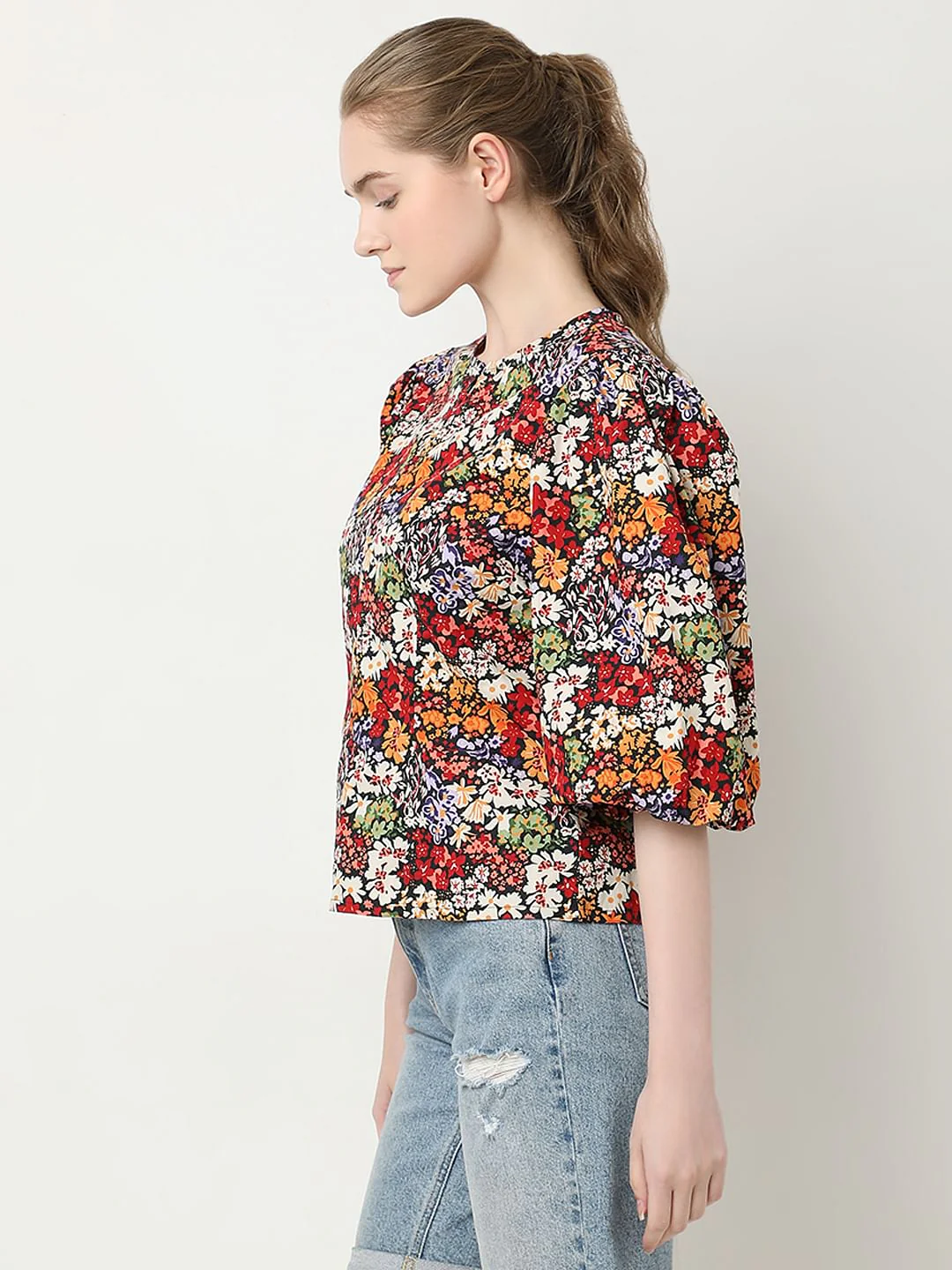 Black Floral Print Cotton Top - Image 3