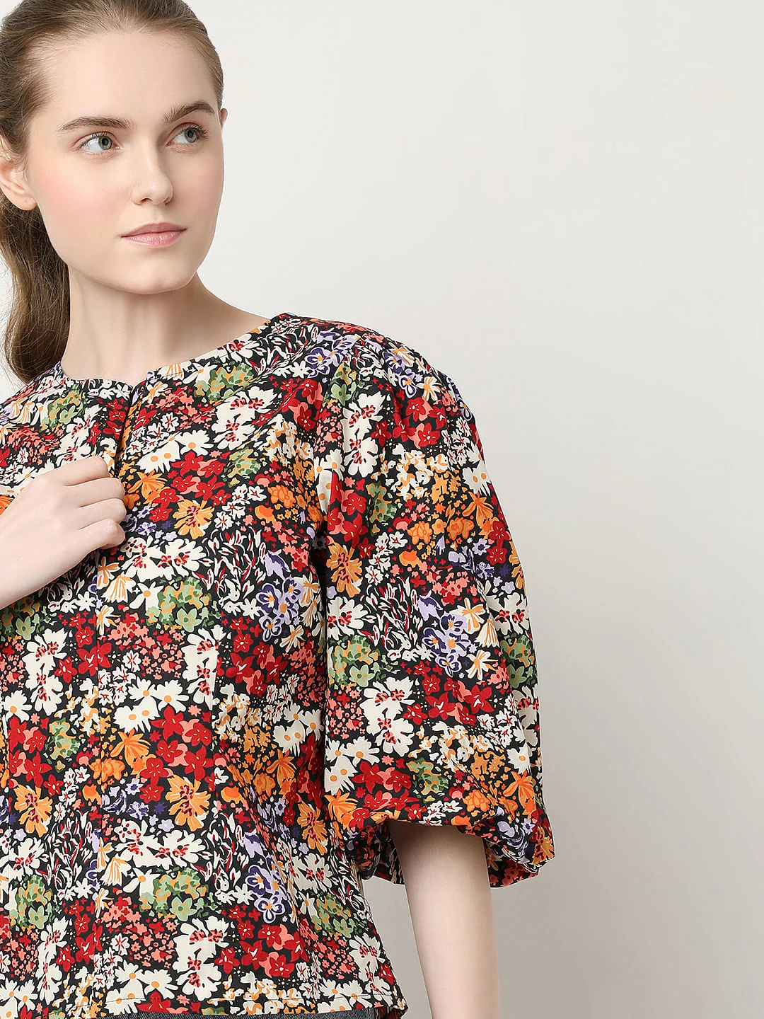 Black Floral Print Cotton Top - Image 6