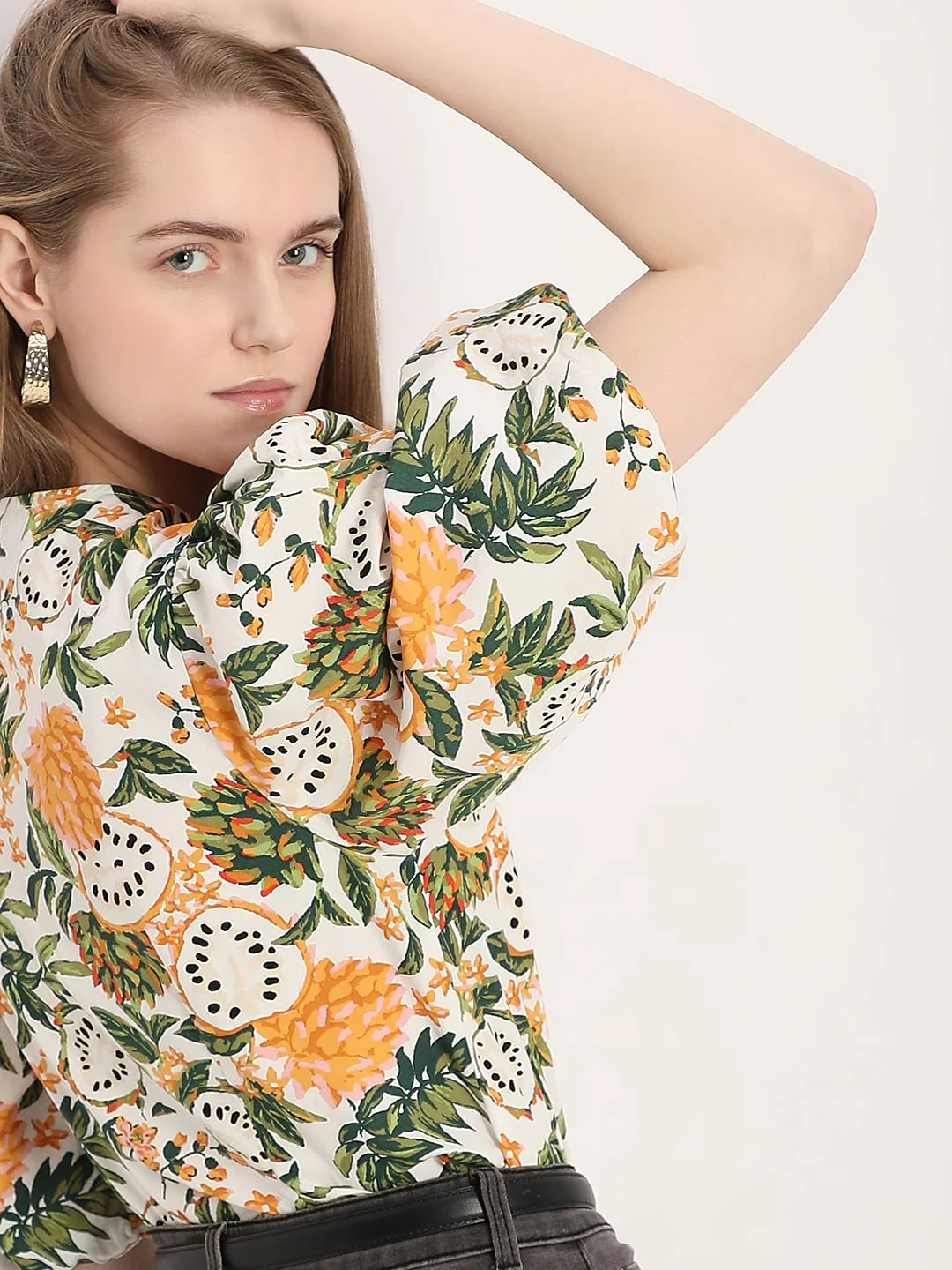 Off-White Floral Print Cotton Top