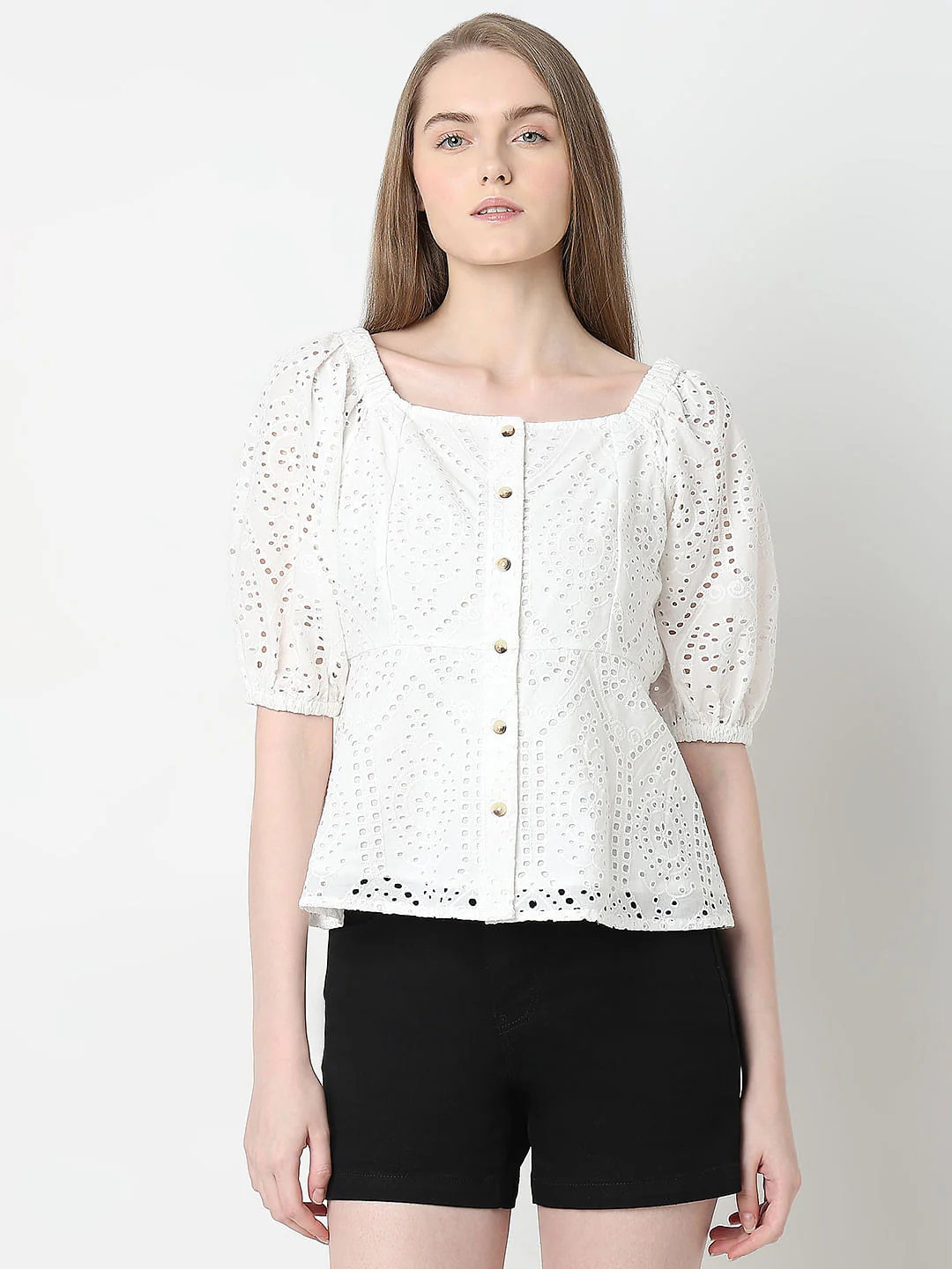 White Schiffli Peplum Top - Image 2