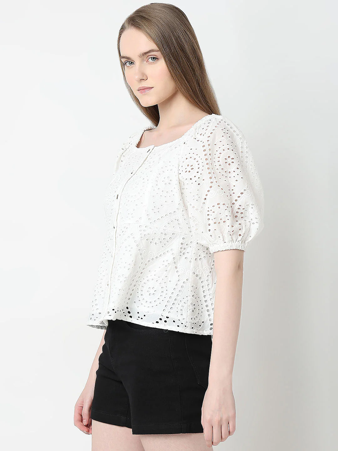White Schiffli Peplum Top - Image 3