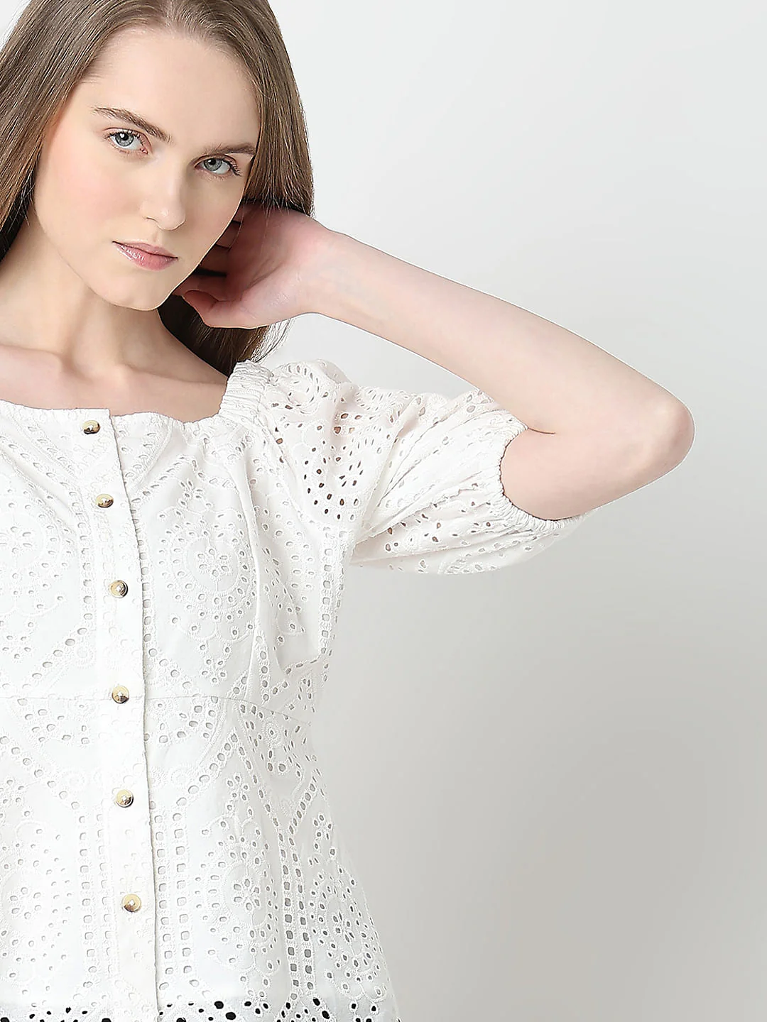 White Schiffli Peplum Top - Image 6