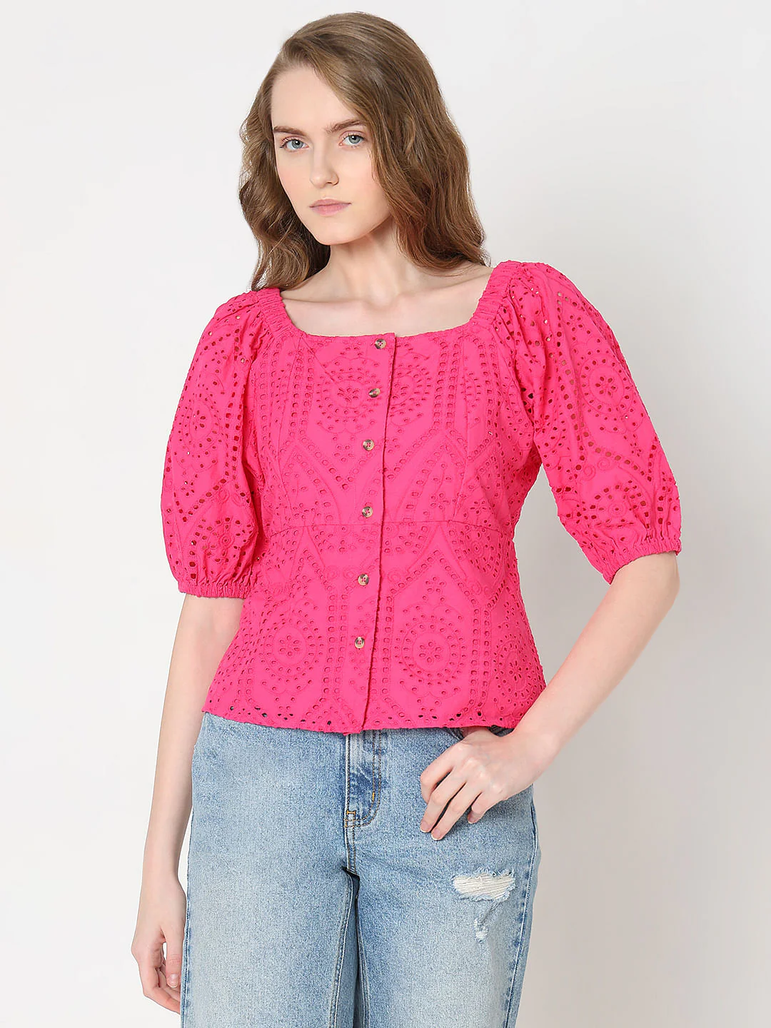 Pink Schiffli Peplum Top - Image 2