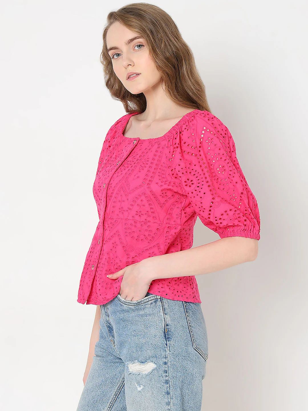 Pink Schiffli Peplum Top - Image 3
