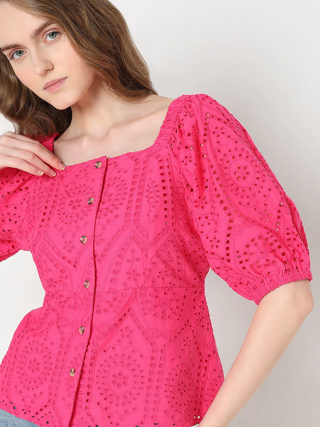 Pink Schiffli Peplum Top - Image 6