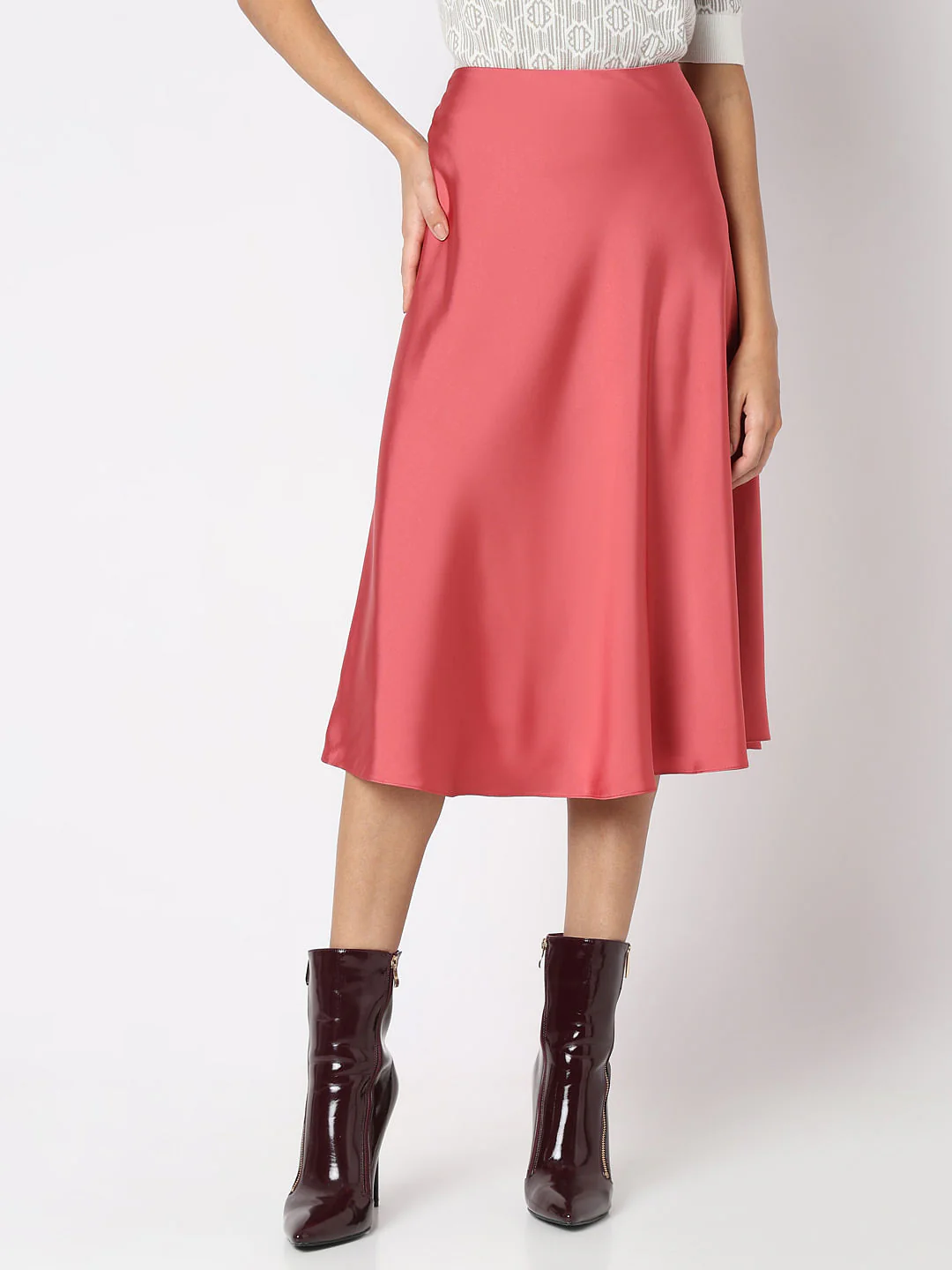Rose Pink Satin Midi Skirt - Image 2