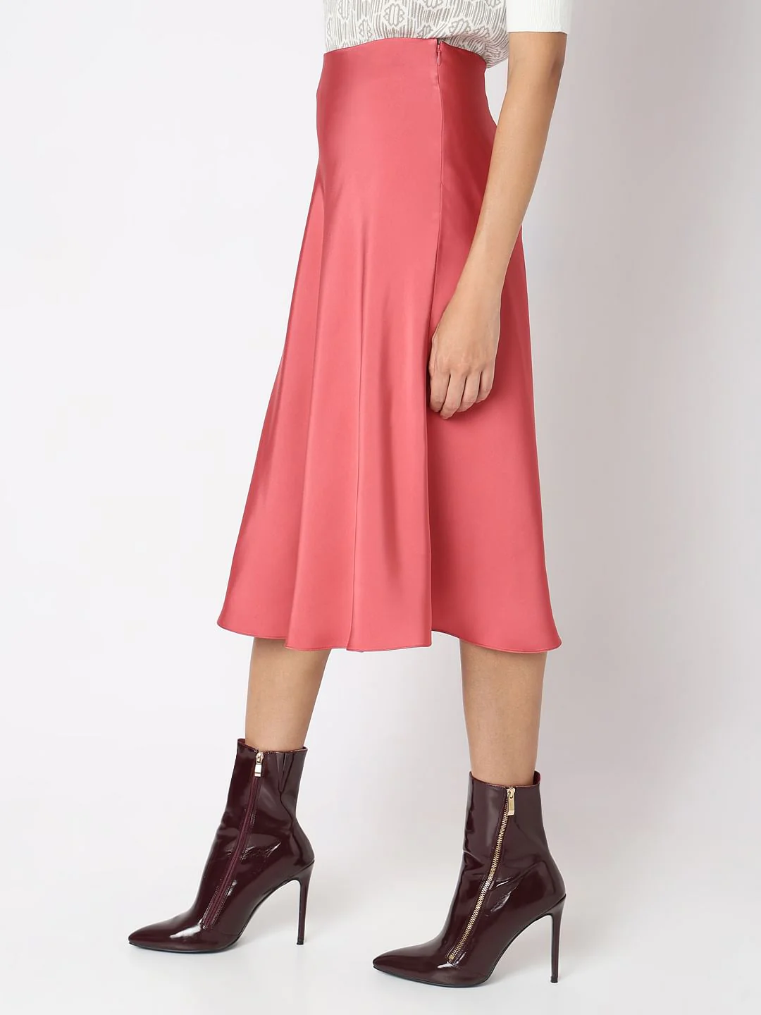 Rose Pink Satin Midi Skirt - Image 3