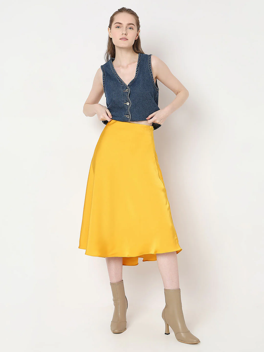 Bright Yellow Satin Midi Skirt - Image 5