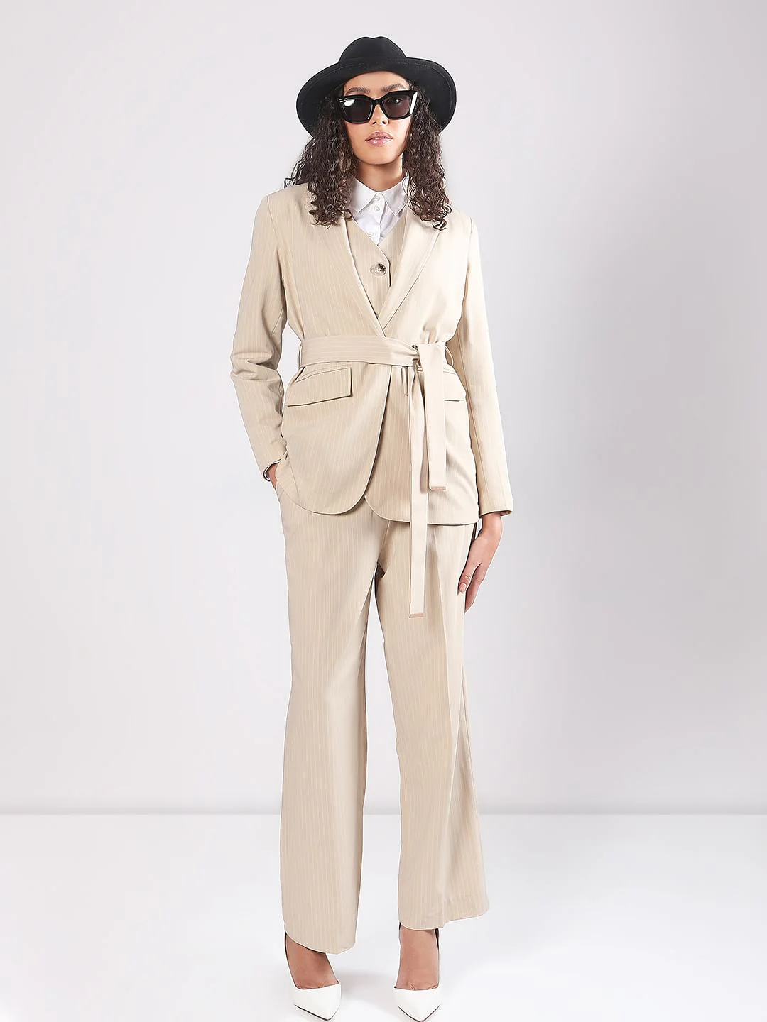 Beige Striped Co-Ord Set Blazer