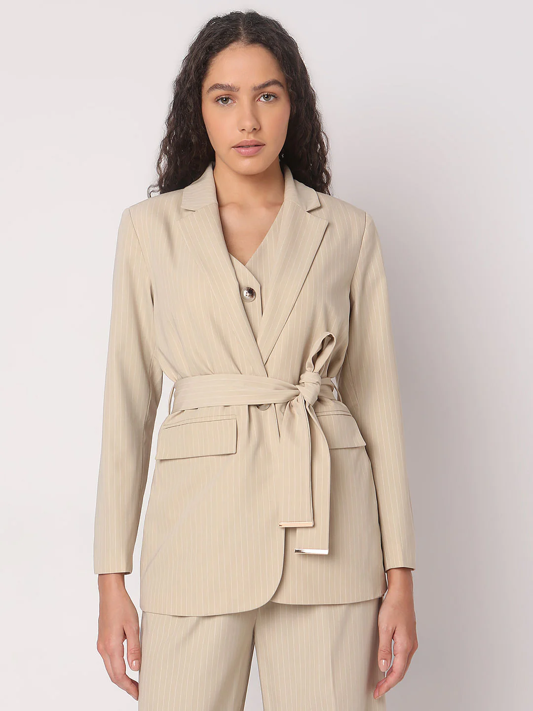 Beige Striped Co-Ord Set Blazer - Image 2