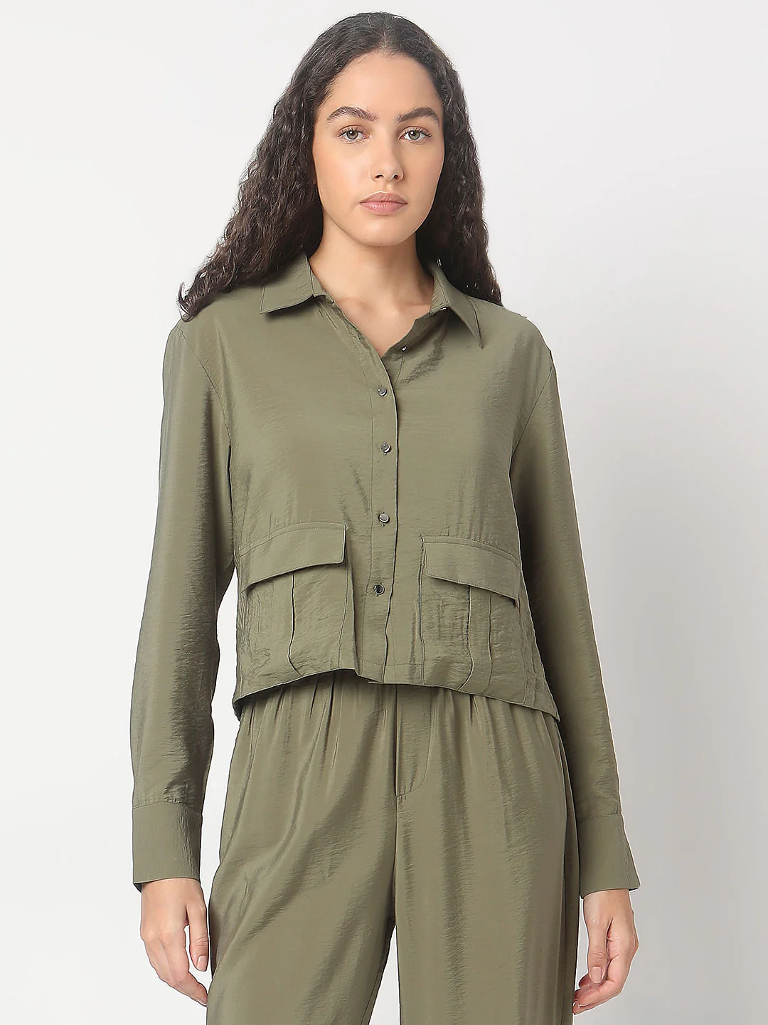 Olive Green Cropped Co-Ord Set Shirt - Image 2