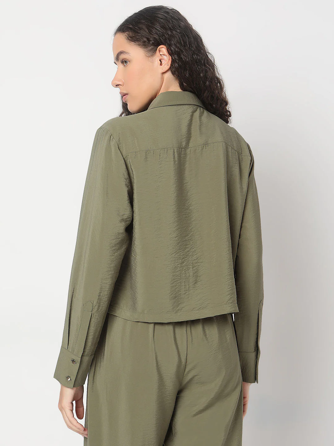 Olive Green Cropped Co-Ord Set Shirt - Image 4
