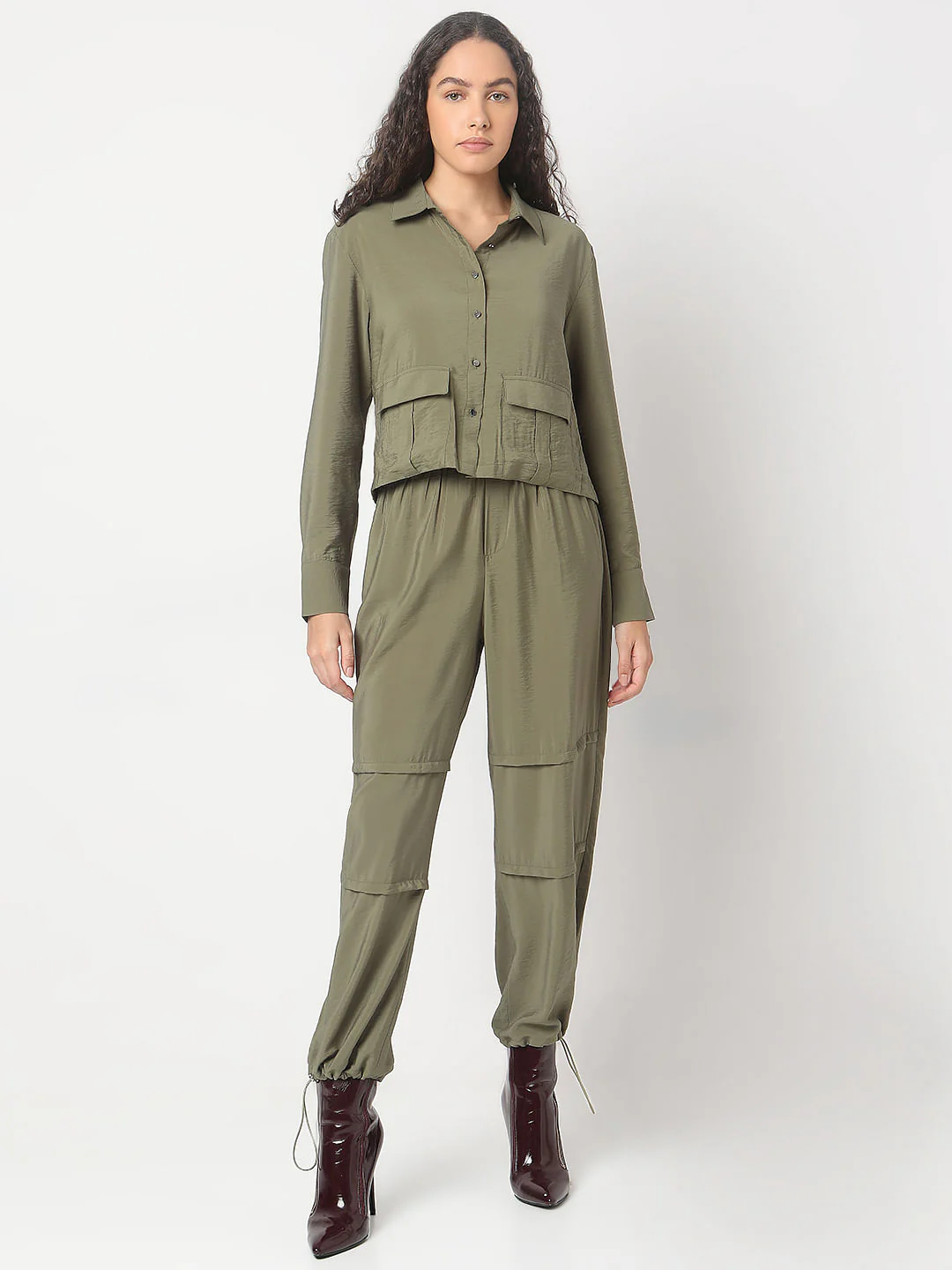 Olive Green Cropped Co-Ord Set Shirt - Image 5