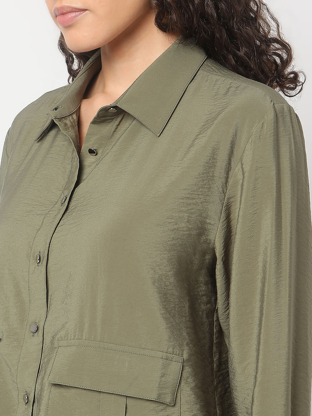 Olive Green Cropped Co-Ord Set Shirt - Image 8