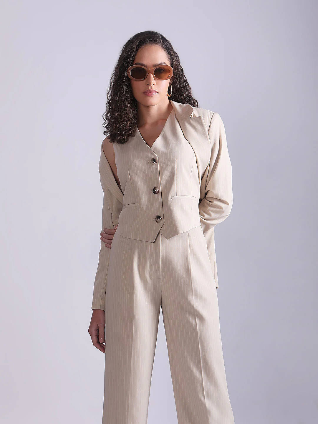 Beige Striped Co-Ord Set Waistcoat