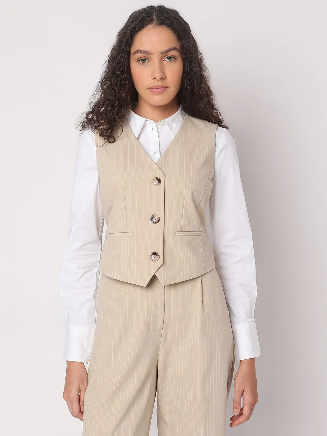Beige Striped Co-Ord Set Waistcoat - Image 2