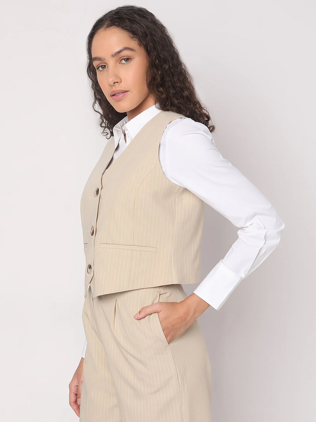 Beige Striped Co-Ord Set Waistcoat - Image 3