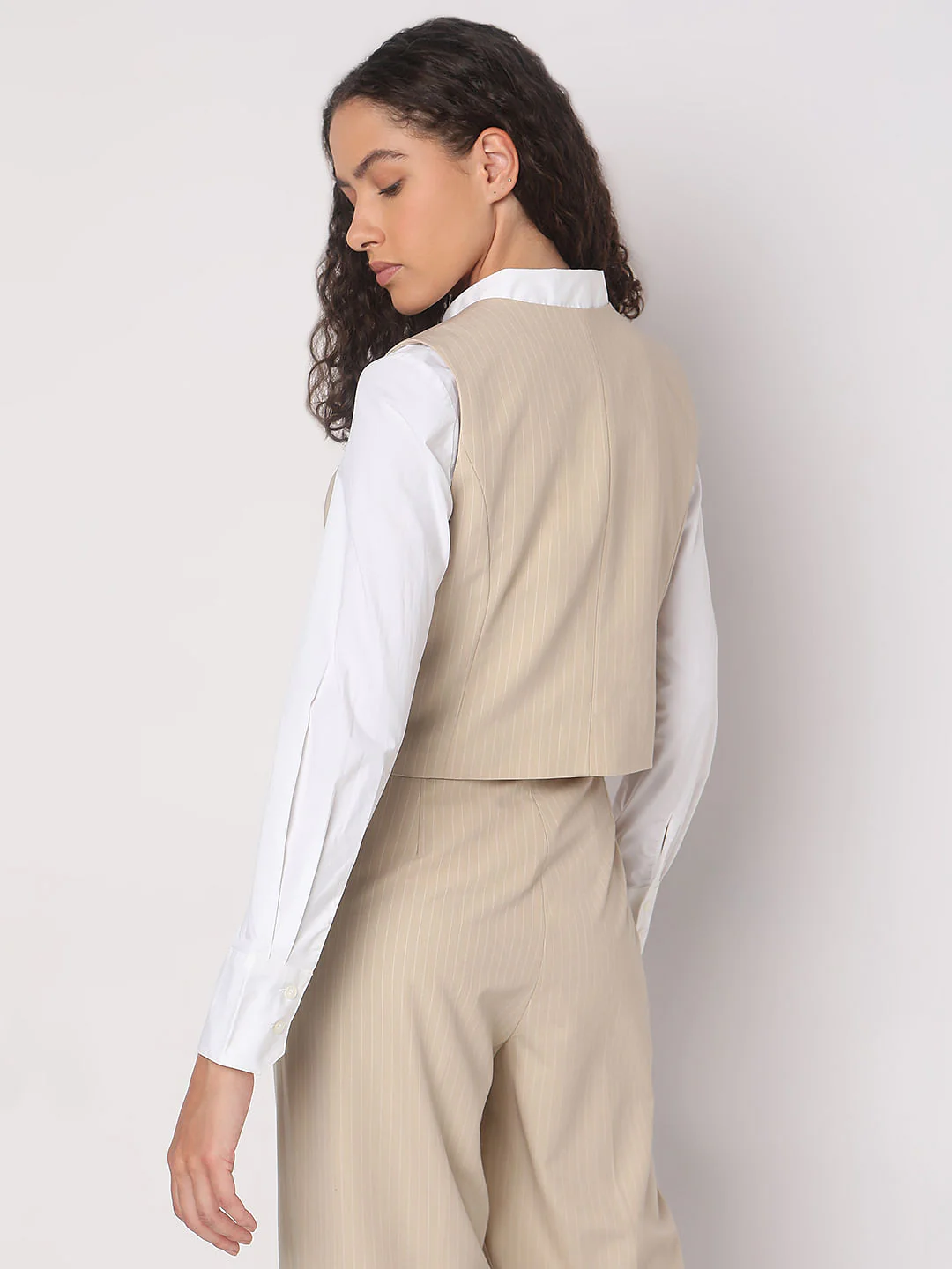 Beige Striped Co-Ord Set Waistcoat - Image 4