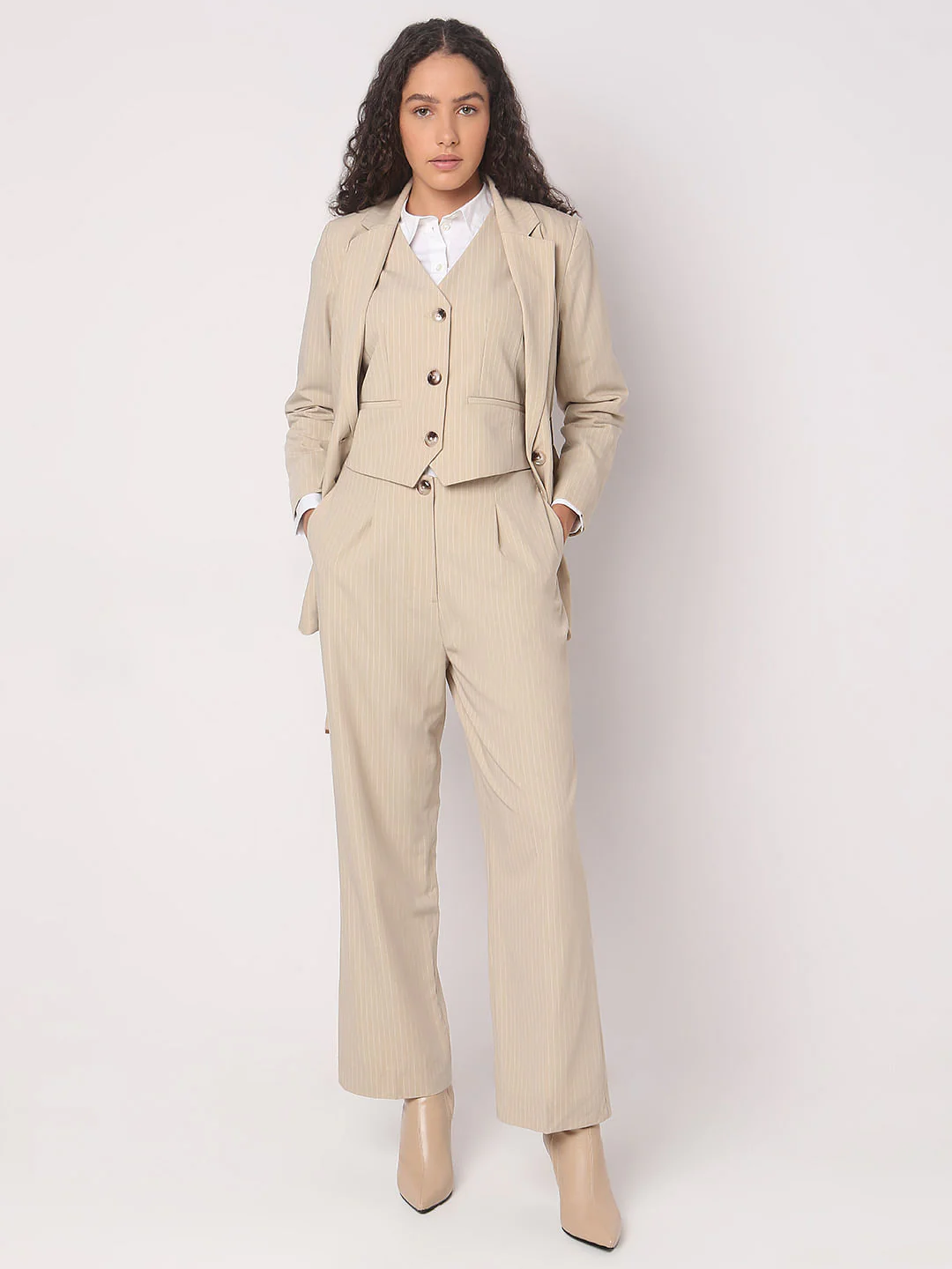 Beige Striped Co-Ord Set Waistcoat - Image 5