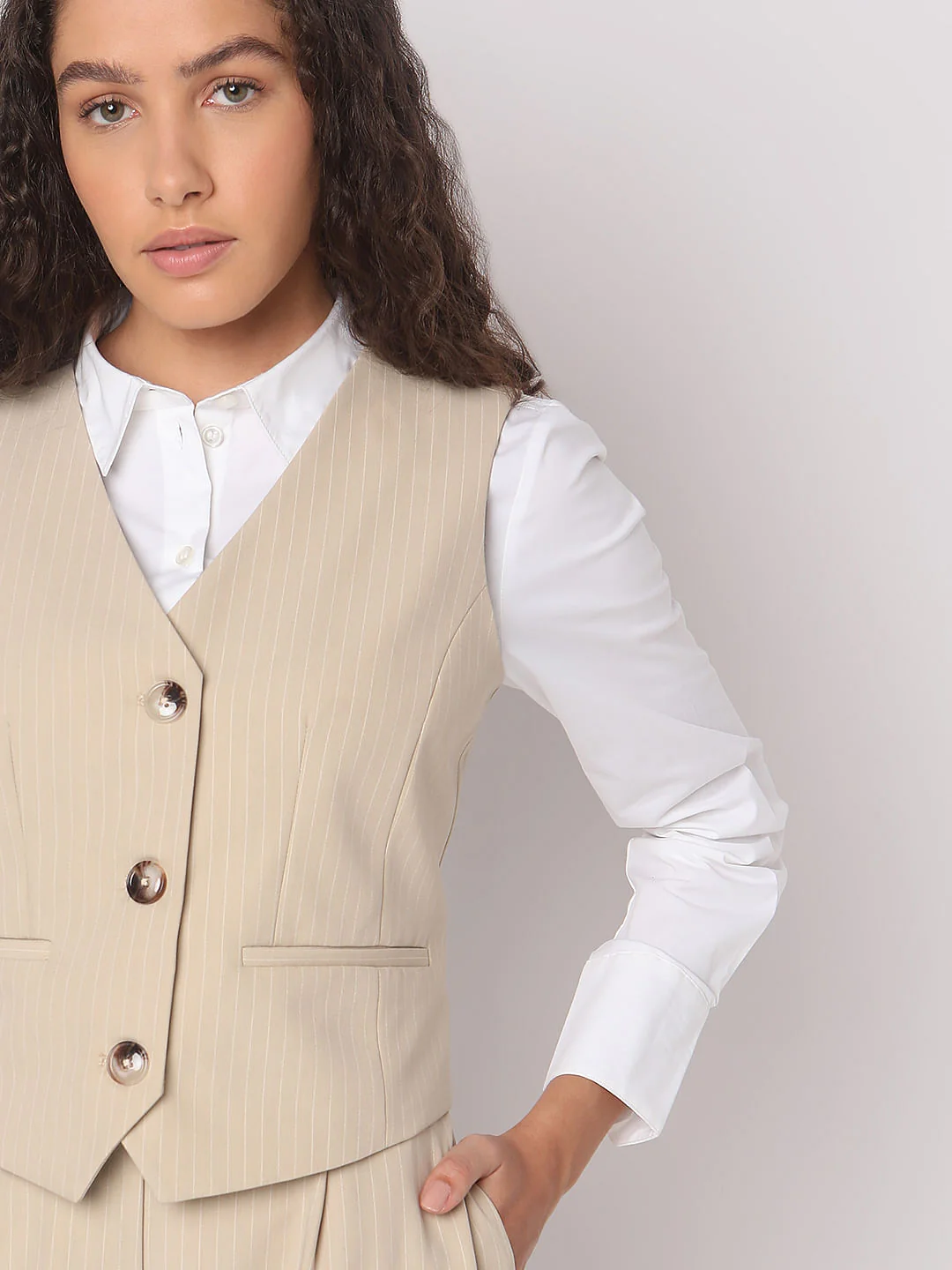 Beige Striped Co-Ord Set Waistcoat - Image 6