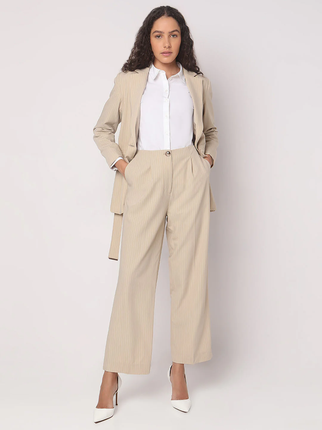 Beige Striped Co-Ord Set Pants - Image 5