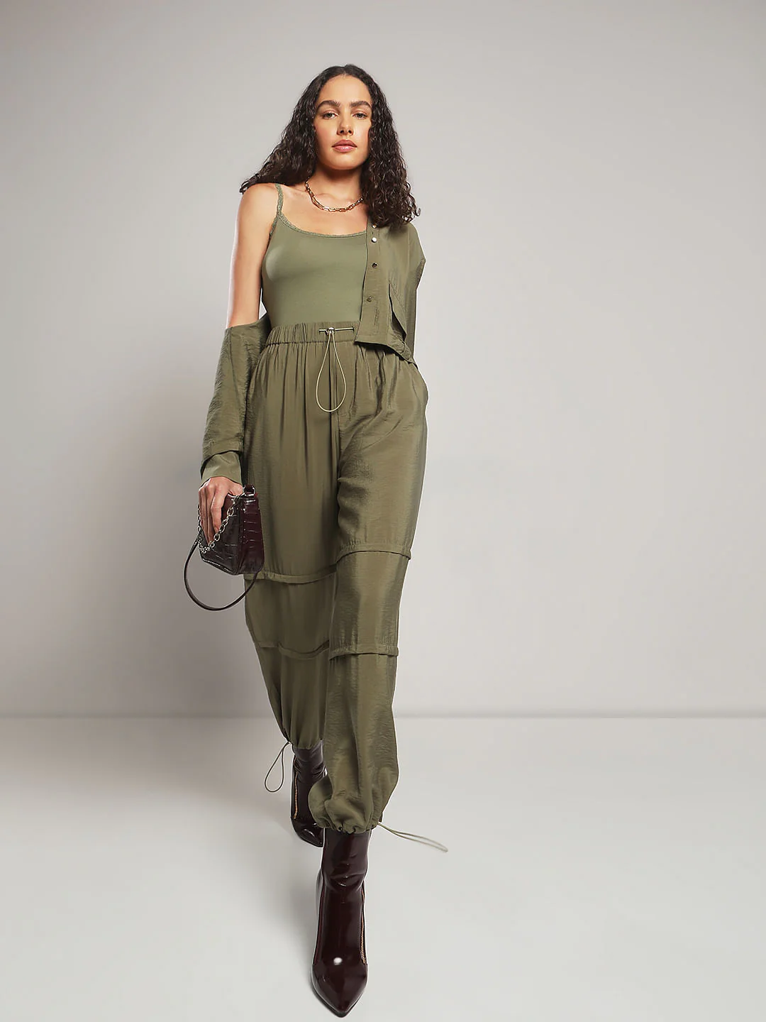 Olive Green Co-Ord Set Parachute Pants