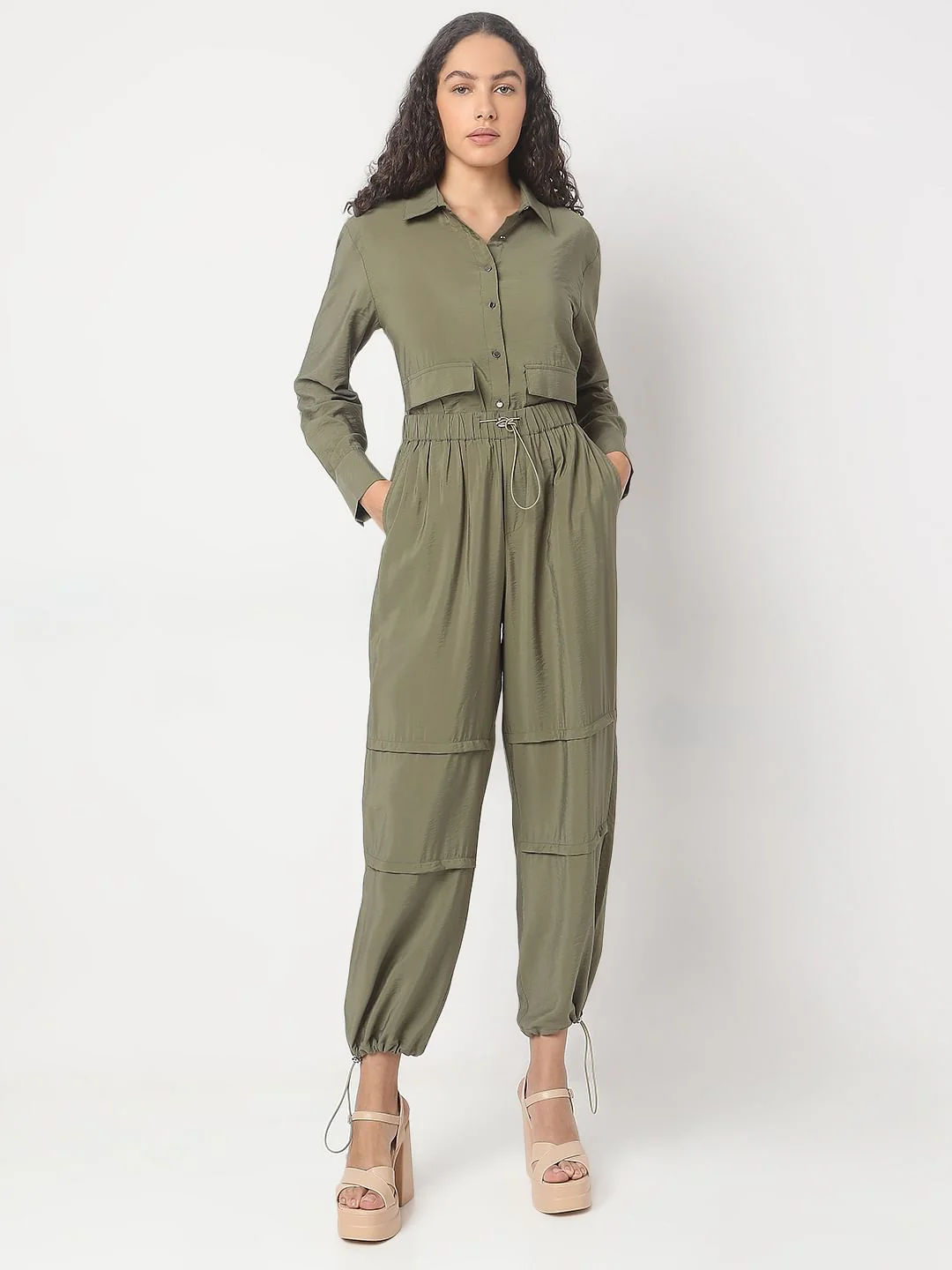Olive Green Co-Ord Set Parachute Pants - Image 5