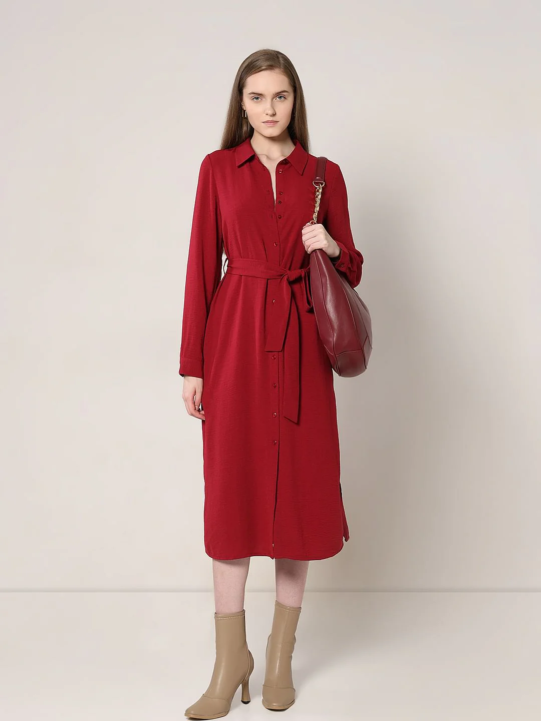 Red Midi Shirt Dress