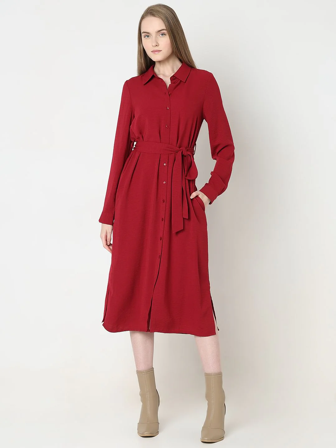 Red Midi Shirt Dress - Image 2