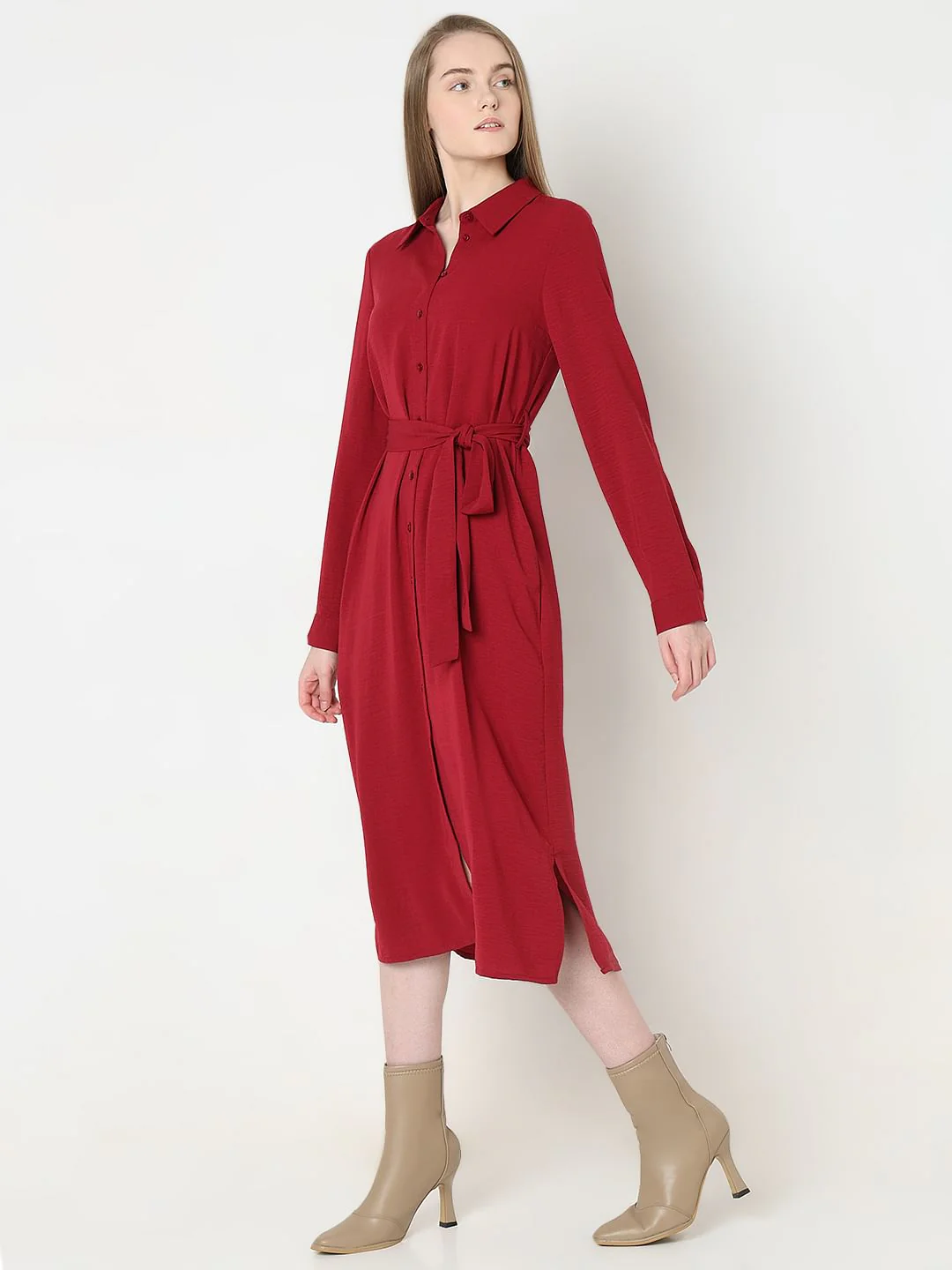 Red Midi Shirt Dress - Image 3
