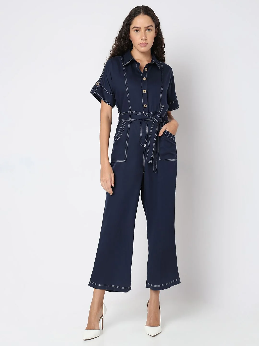 Navy Blue Denim Jumpsuit - Image 2