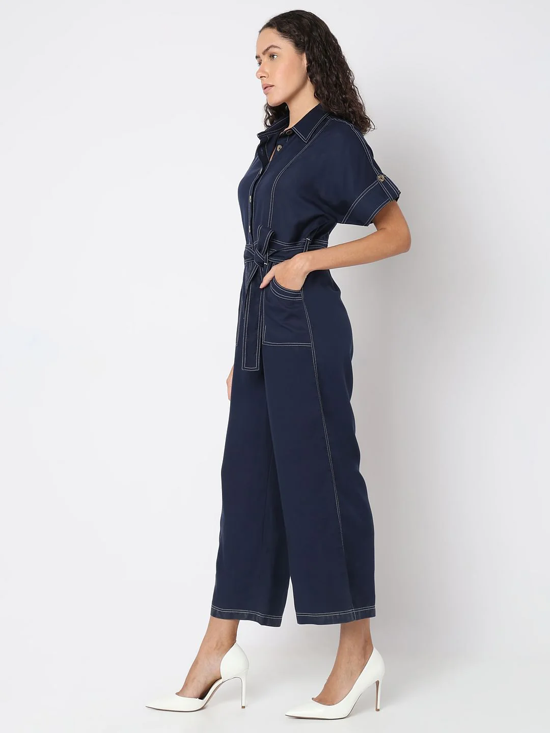 Navy Blue Denim Jumpsuit - Image 3