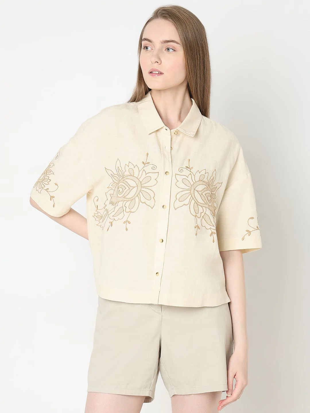Beige Embroidered Short Sleeves Shirt - Image 2
