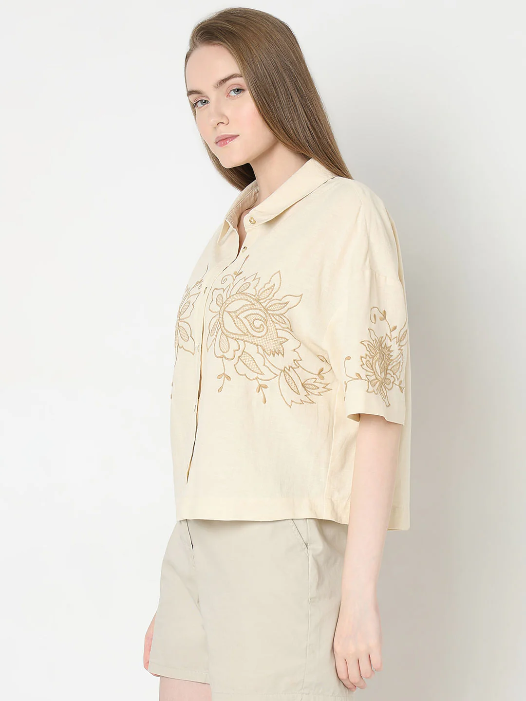 Beige Embroidered Short Sleeves Shirt - Image 3