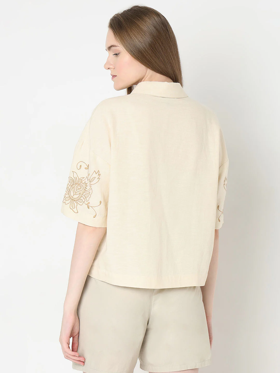 Beige Embroidered Short Sleeves Shirt - Image 4