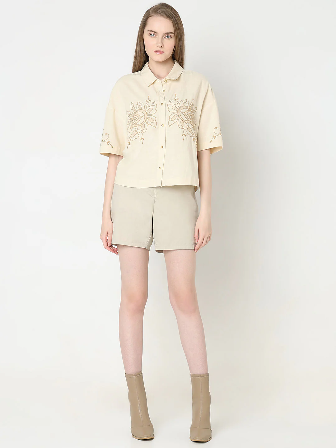 Beige Embroidered Short Sleeves Shirt - Image 5