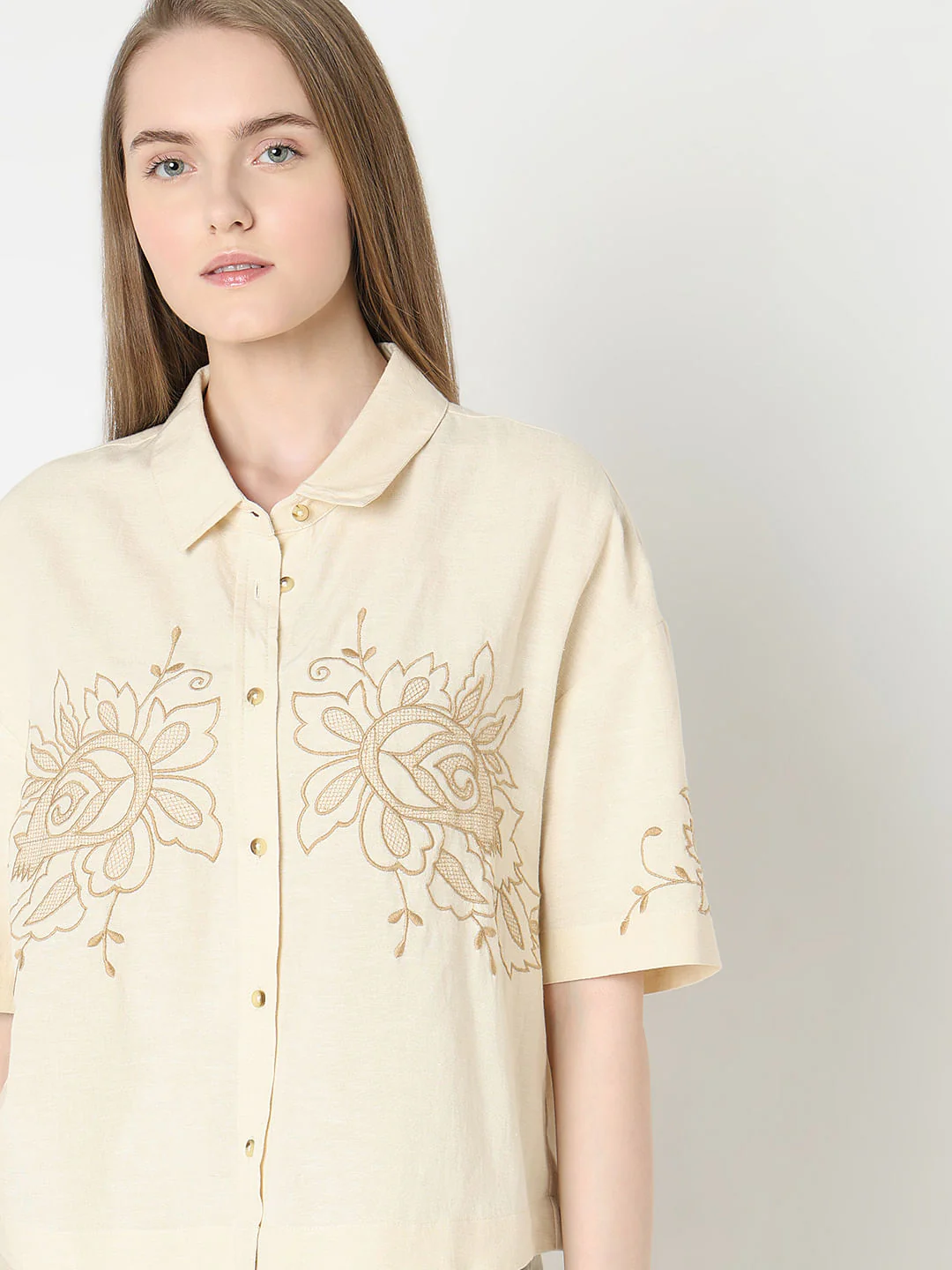 Beige Embroidered Short Sleeves Shirt - Image 6
