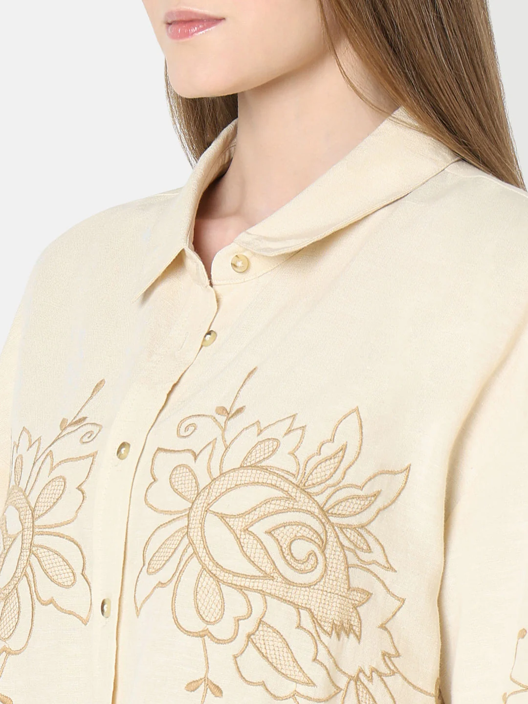 Beige Embroidered Short Sleeves Shirt - Image 8