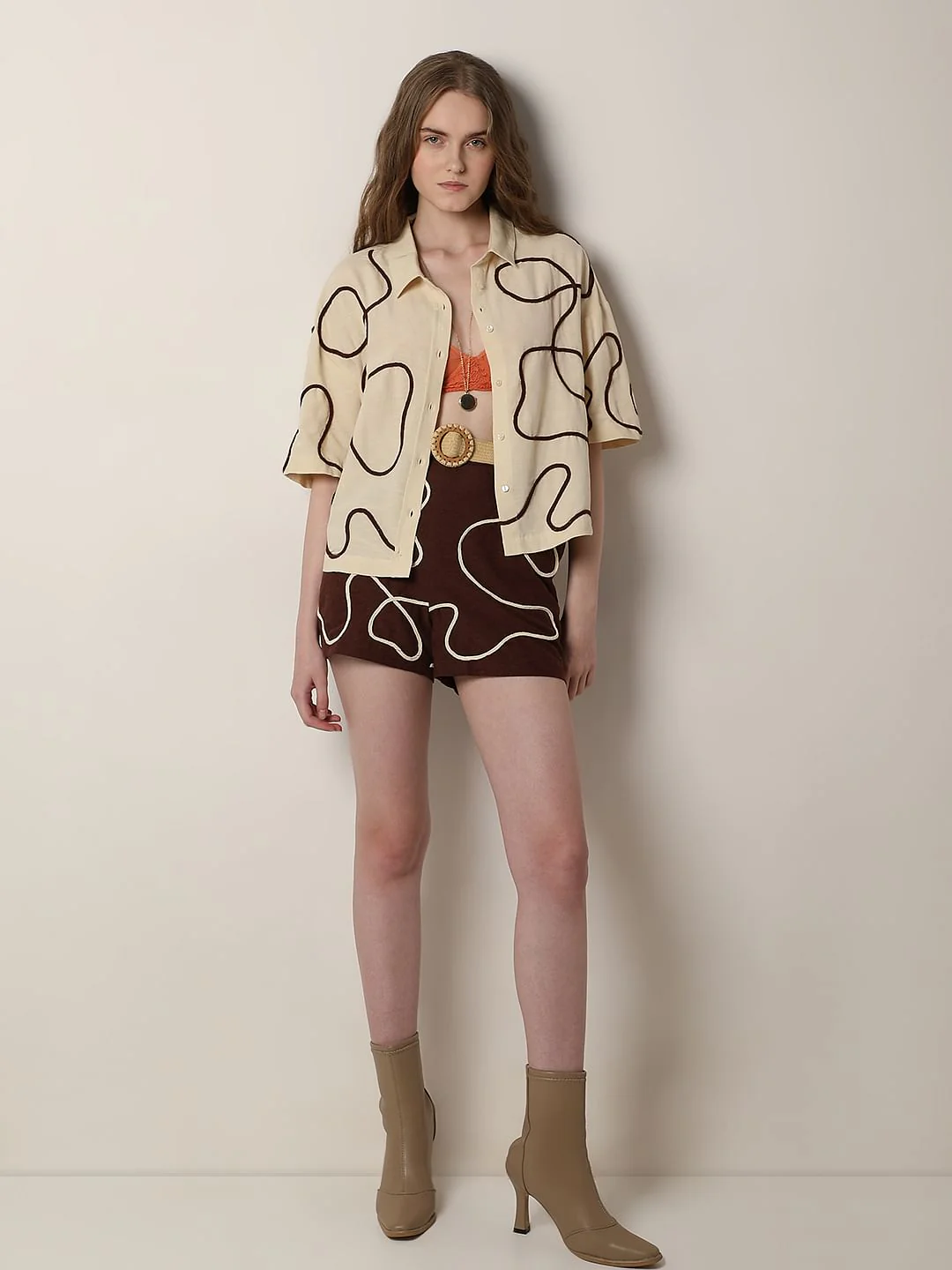 Beige Abstract Cording Co-Ord Set Shirt