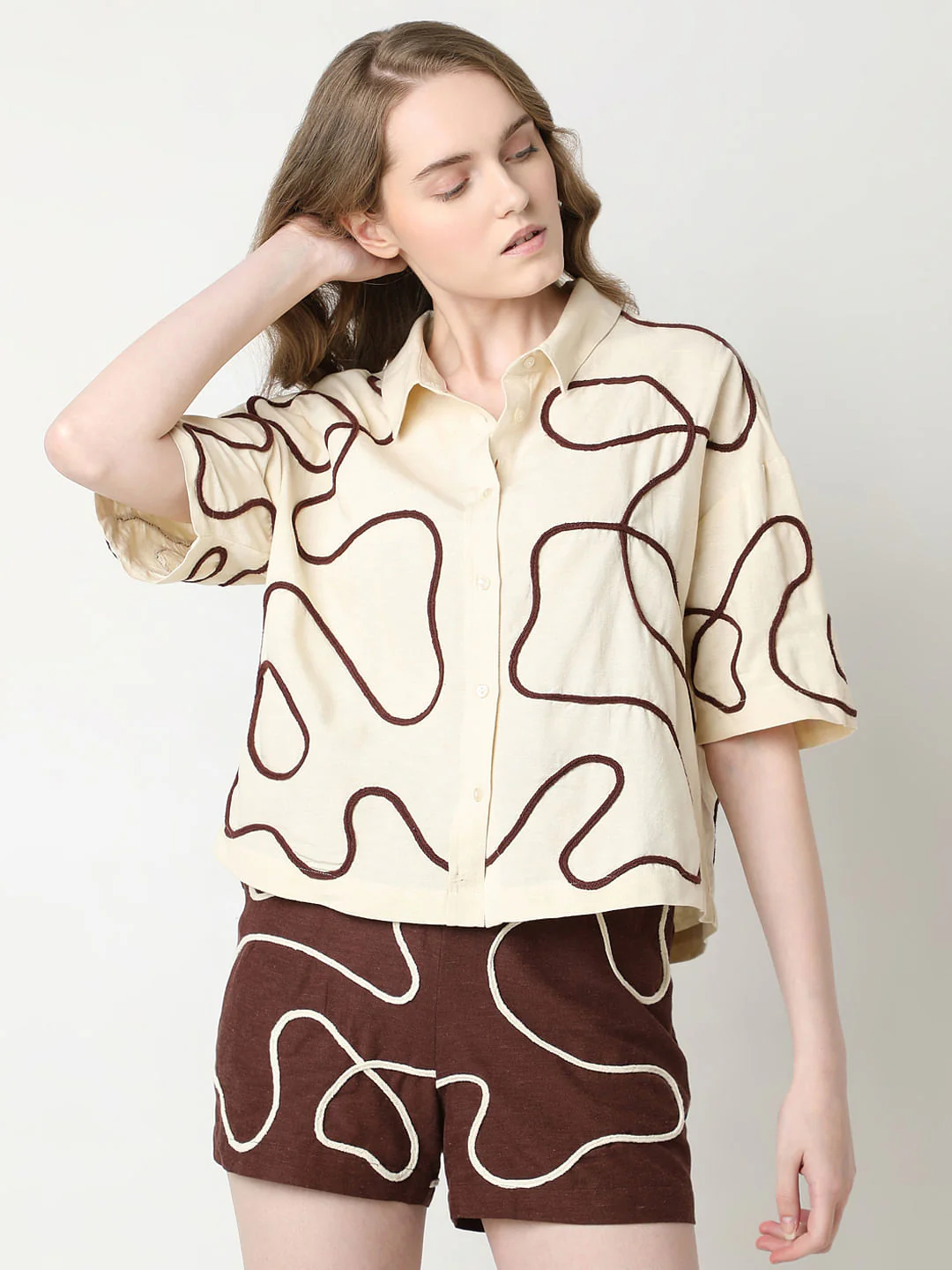 Beige Abstract Cording Co-Ord Set Shirt - Image 2