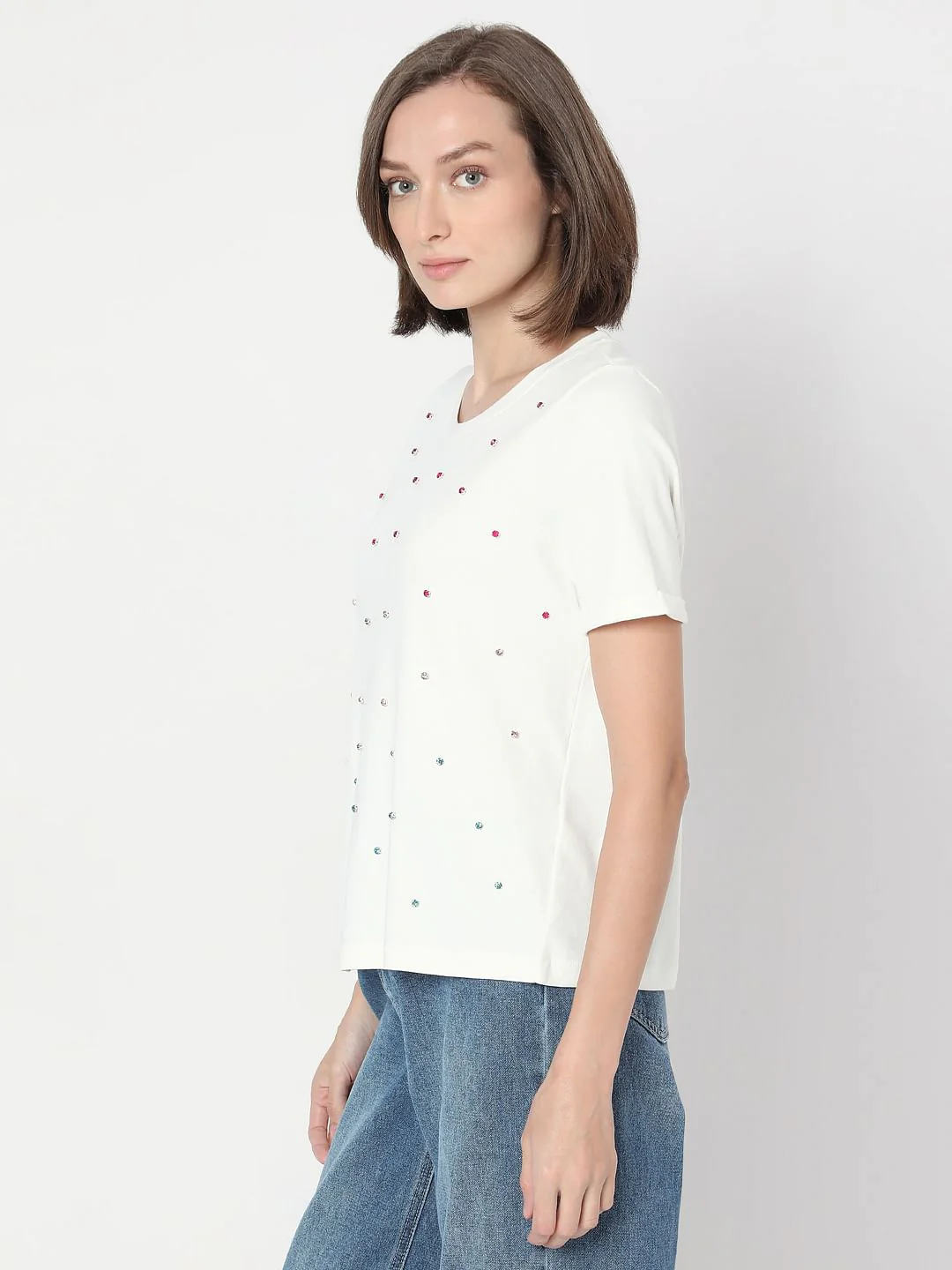 White Detail Rhinestone T-Shirt - Image 3