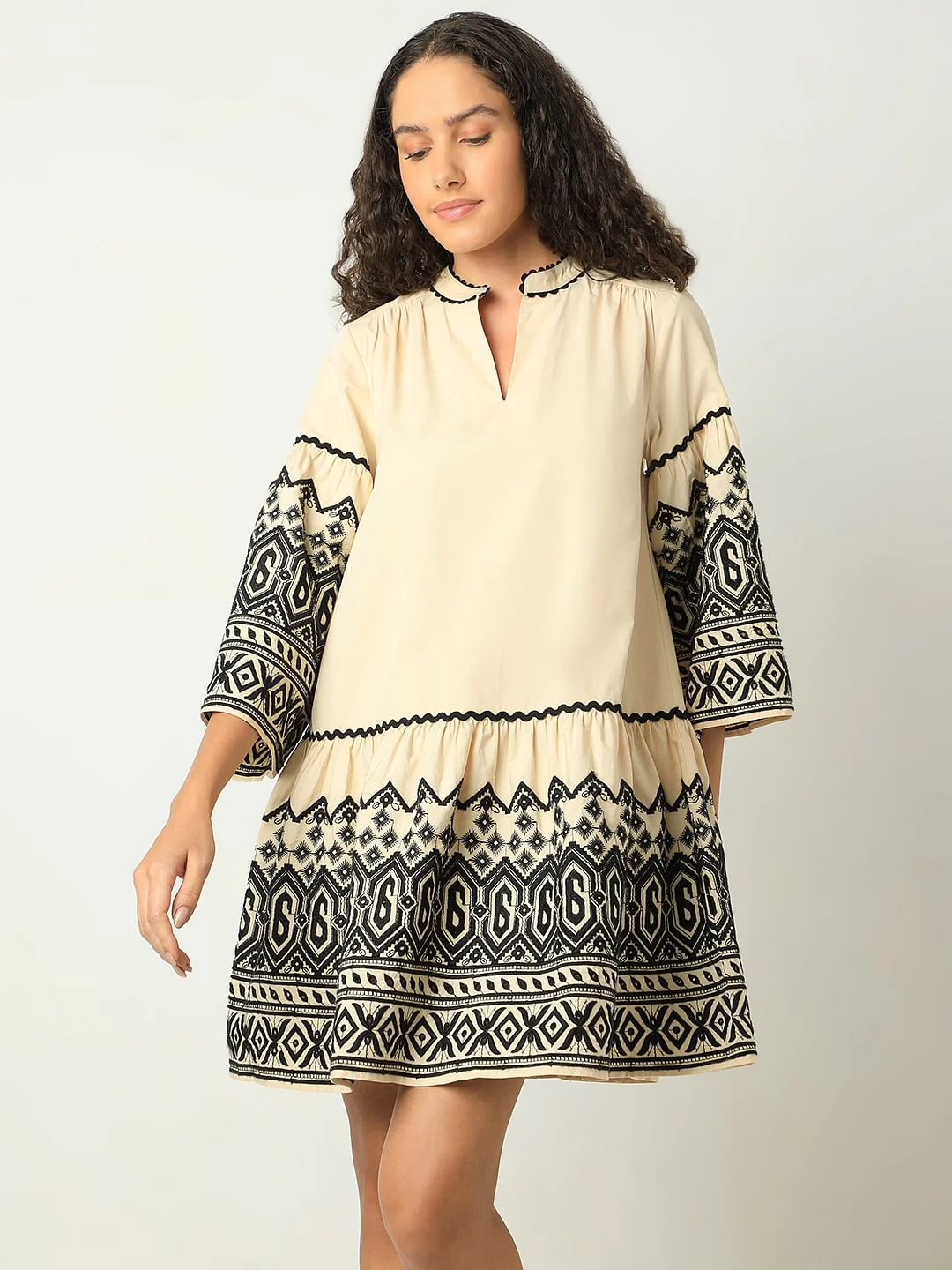 Beige Embroidered Print Dress - Image 2