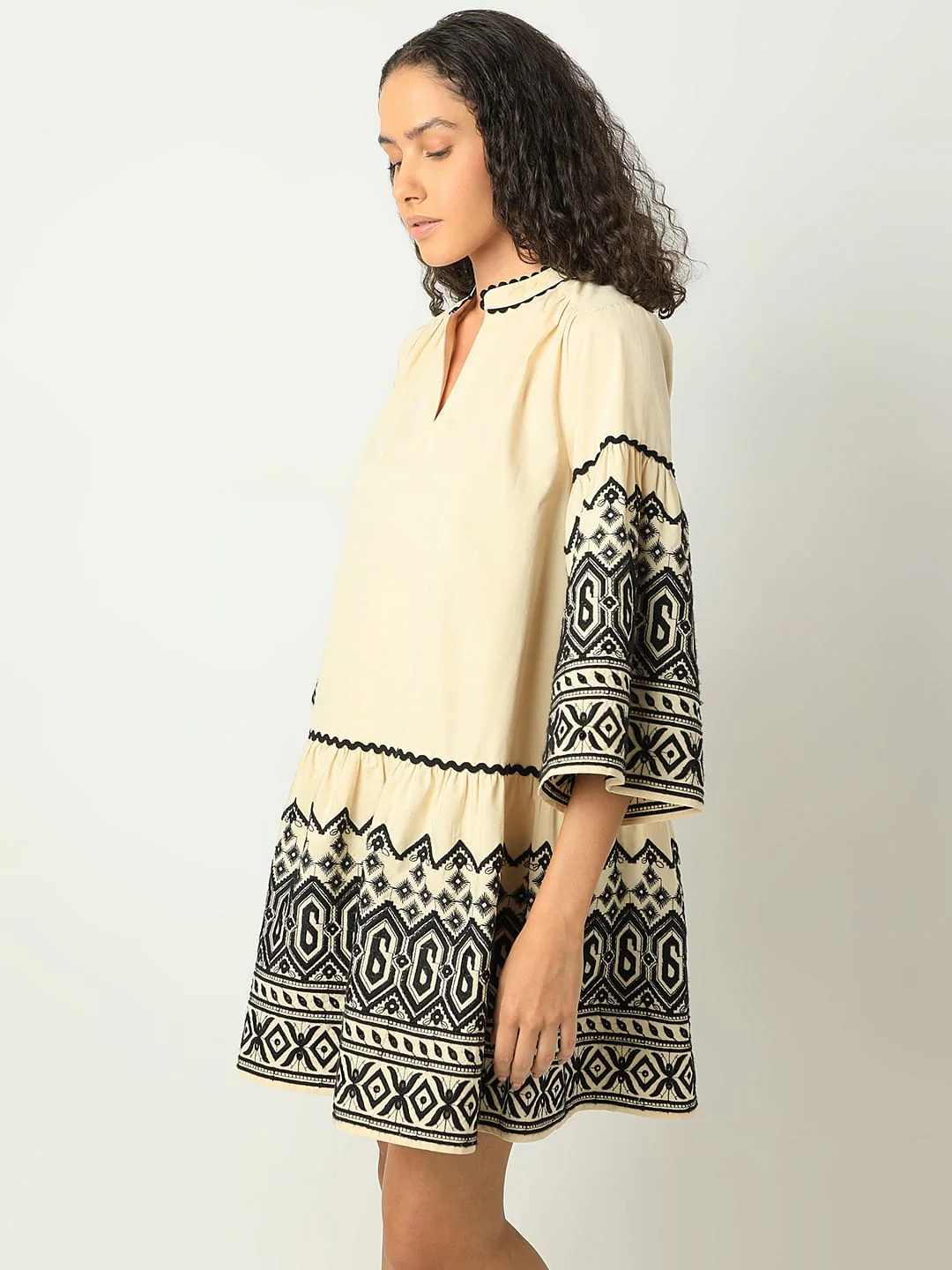 Beige Embroidered Print Dress - Image 3