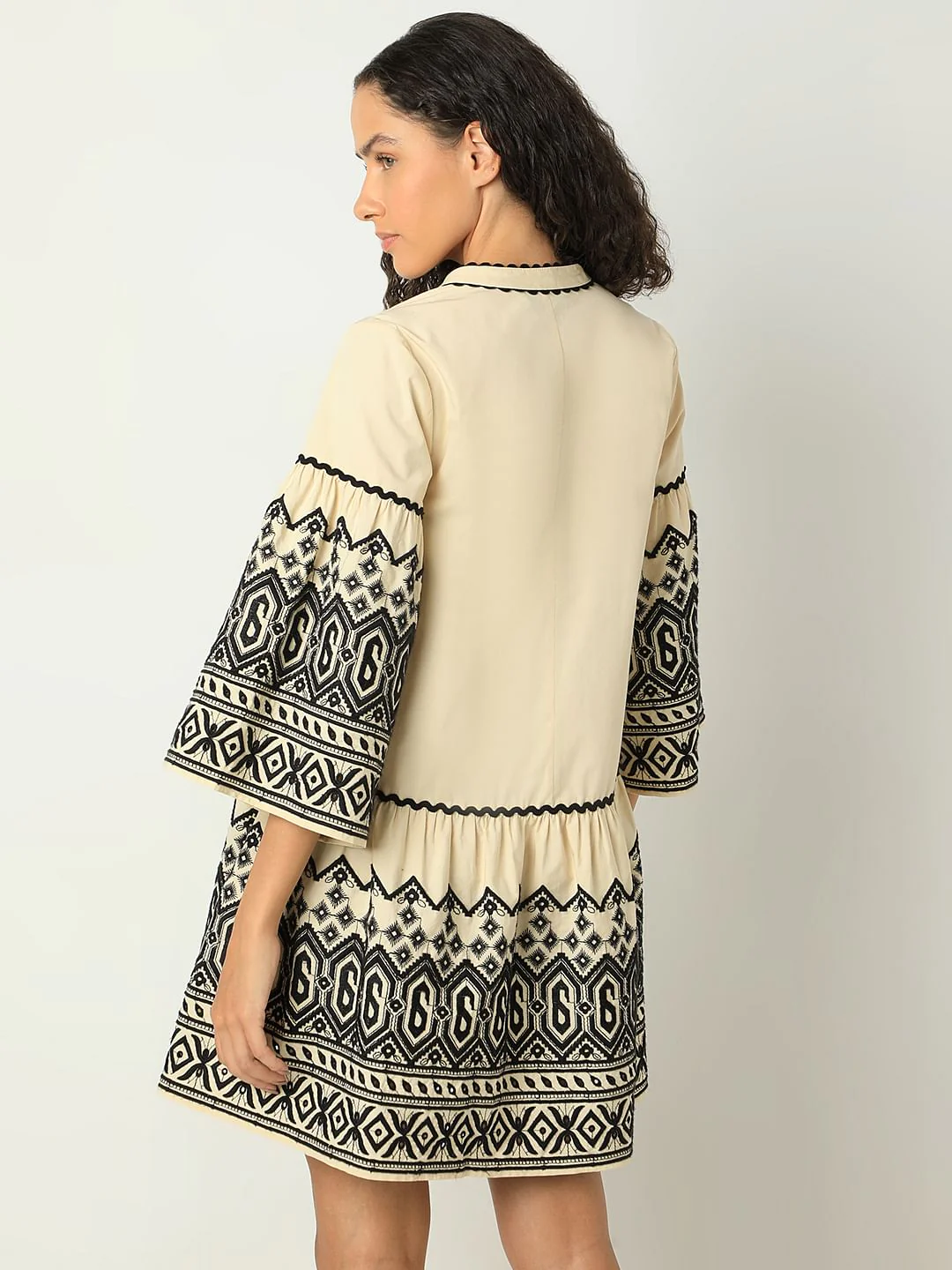 Beige Embroidered Print Dress - Image 4