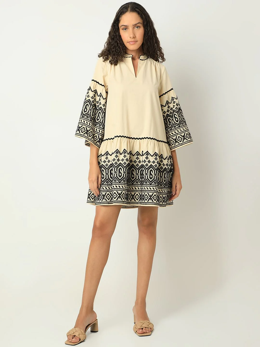 Beige Embroidered Print Dress - Image 5