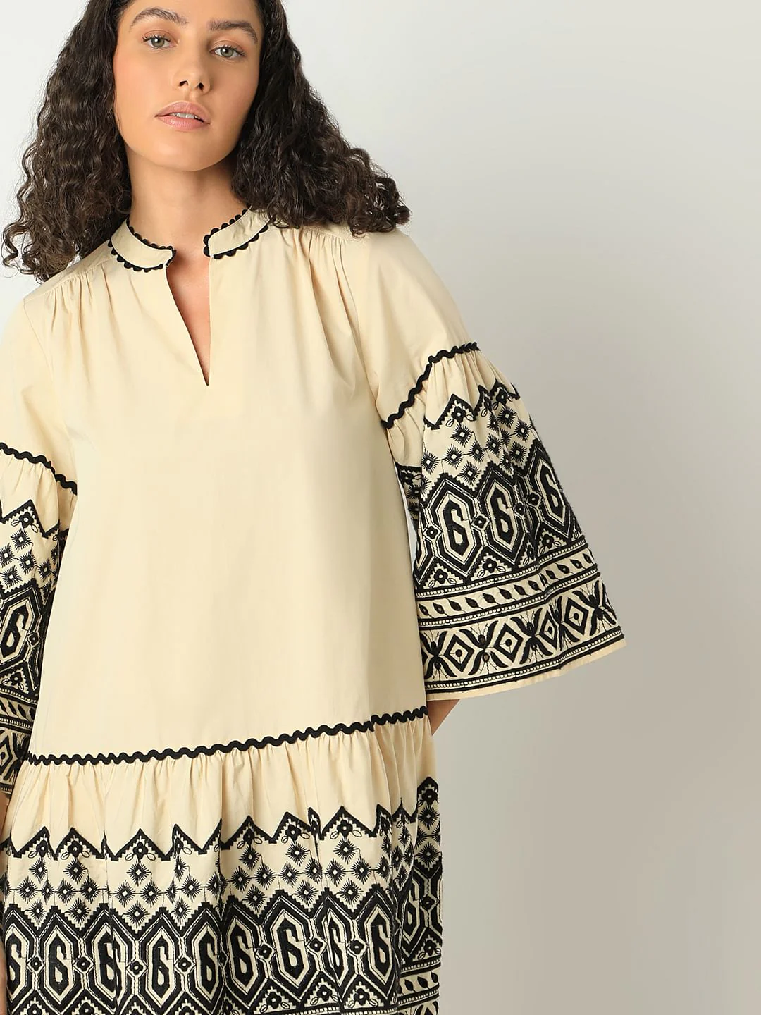 Beige Embroidered Print Dress - Image 6