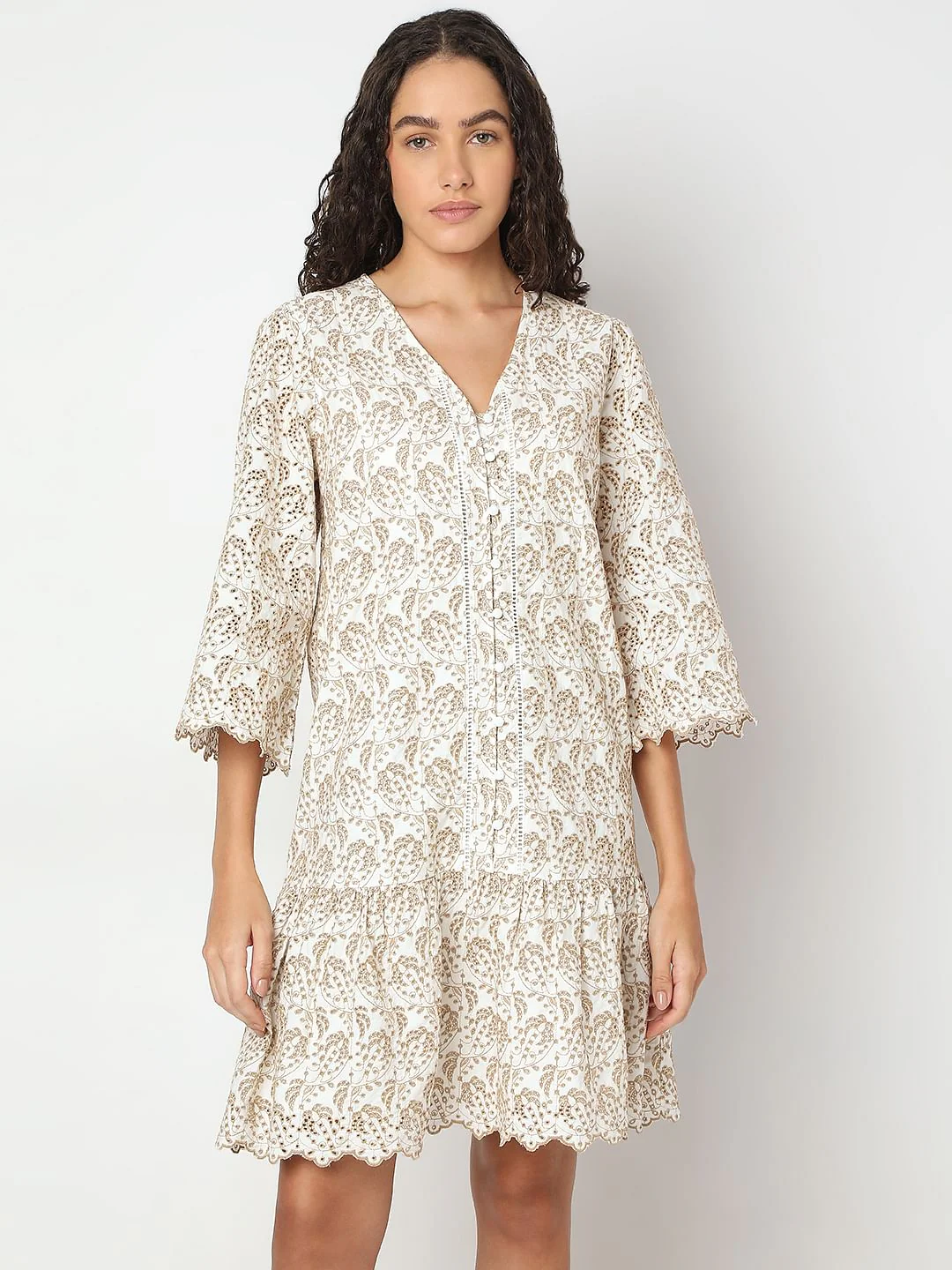 Beige Printed Short Dress - Image 2