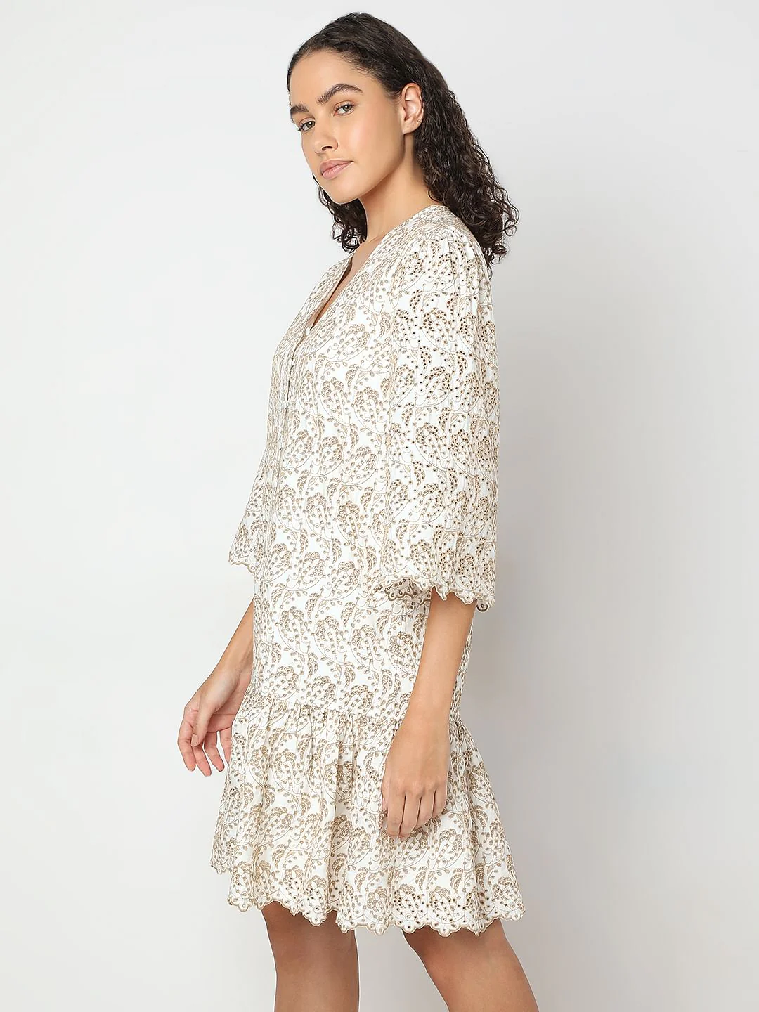 Beige Printed Short Dress - Image 3