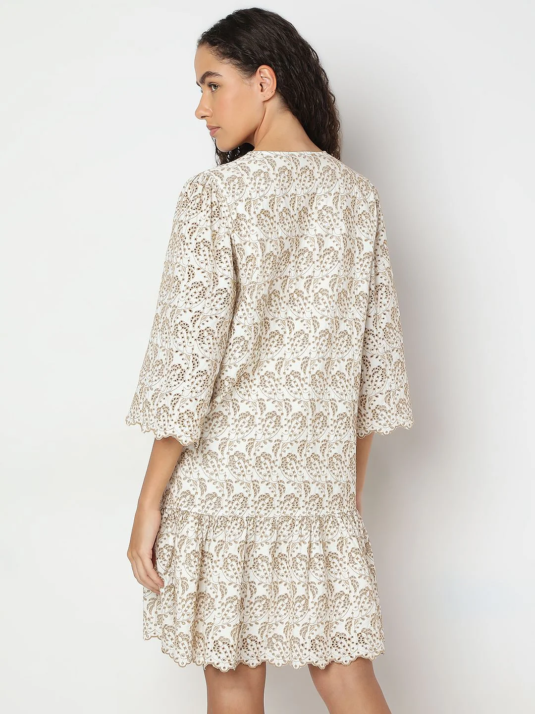 Beige Printed Short Dress - Image 4