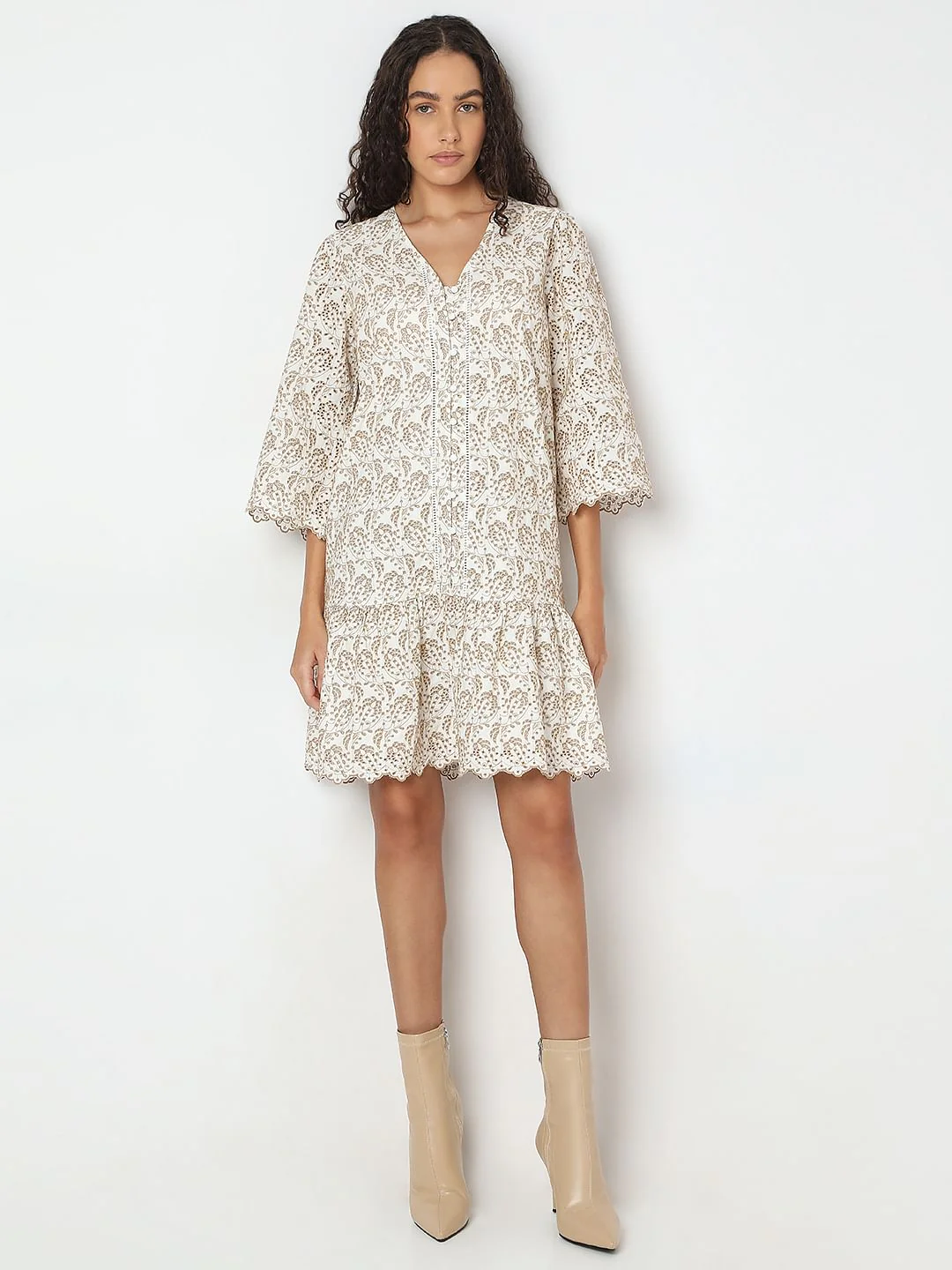Beige Printed Short Dress - Image 5